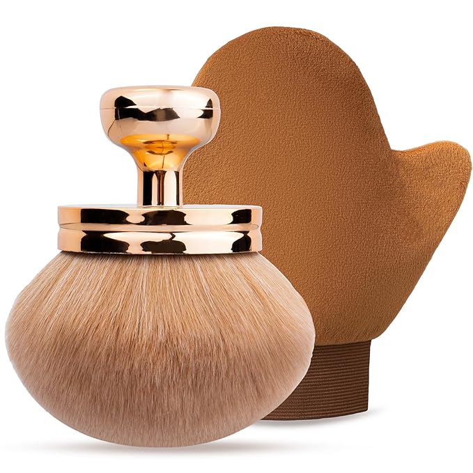 Self Tanning Brushes- Blend & Blur Extra Large Body Makeup Brush & Tanning Mitt, 2 Pcs, Kabuki Body Brush Applicator for Tan, Foundation, Self Tanner Glove for Application, Mousse, Lotion (Rose Gold)-GlimoraGlow
