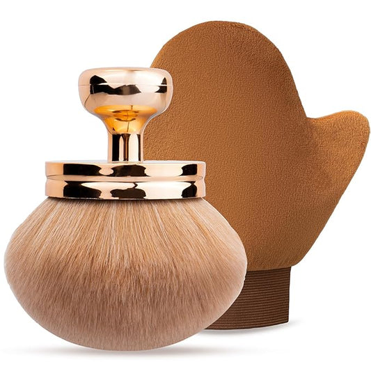 Self Tanning Brushes- Blend & Blur Extra Large Body Makeup Brush & Tanning Mitt, 2 Pcs, Kabuki Body Brush Applicator for Tan, Foundation, Self Tanner Glove for Application, Mousse, Lotion (Rose Gold)-GlimoraGlow