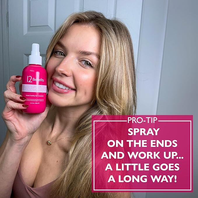 12 Benefits Leave-In Conditioner Spray – Instant Healthy Hair Treatment, Anti-Frizz, Detangles, Strengthens & Repairs, Heat Protection with Quaternium 39 & Silk Fibre Protein, 6 Fl Oz-GlimoraGlow