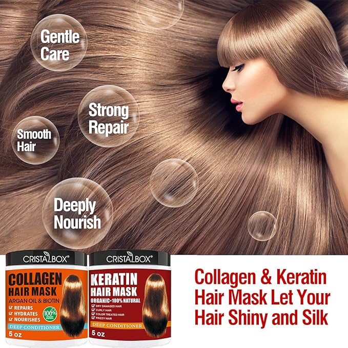 2 Pack Collagen Hair Mask & Keratin Hair Mask,Keratin Hair Treatment,Hydrating Argan Oil Hair Repair Treatment Deep Conditioner Hair Mask for Dry Hair,Collagen with Biotin Hair Treatment Mask-GlimoraGlow