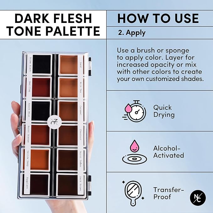 12 Color Dark Flesh Tone Alcohol Activated Makeup Palette Kit - Includes Alcohol Activator and Moisturizing Remover - Waterproof Makeup for Professional Makeup Artists-GlimoraGlow