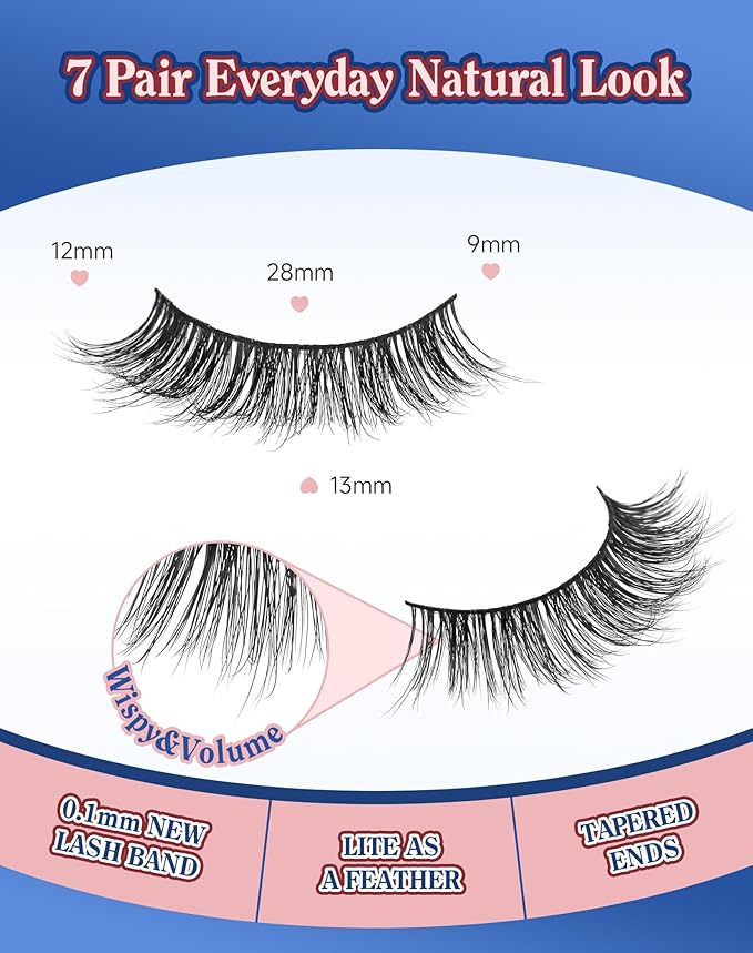 Natural Lashes Natural Look Wispy Eyelashes Flared Strip Eyelash False Eye Lash Soft Eyelashes Pack 7 Pairs 13MM D75-GlimoraGlow