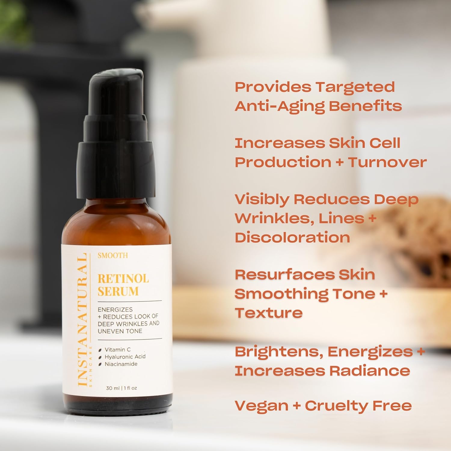 InstaNatural Retinol Serum for Face with Niacinamide, Vitamin C, and Hyaluronic Acid, Anti Aging for Firmer Skin, Lines & Wrinkles & Brightening Serum-GlimoraGlow