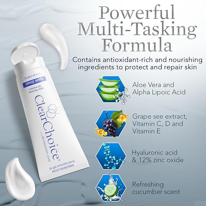 Clear Choice Sunscreen for Face SPF 45, Oil Free Sunblock & Light Moisturizer with Zinc Oxide, Reef-Safe, Broad Spectrum, Water-Resistant, No White Cast, Dermatologist Recommended, 4oz-GlimoraGlow