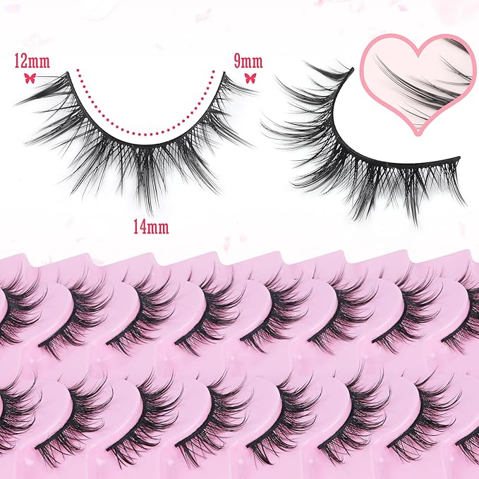 FANXITON Manga Lashes Wispy Natural Look Faux Eyelashes 10 Pairs Asian 3D False Eyelashes 14 mm Cat Eye Lashes Pack-GlimoraGlow