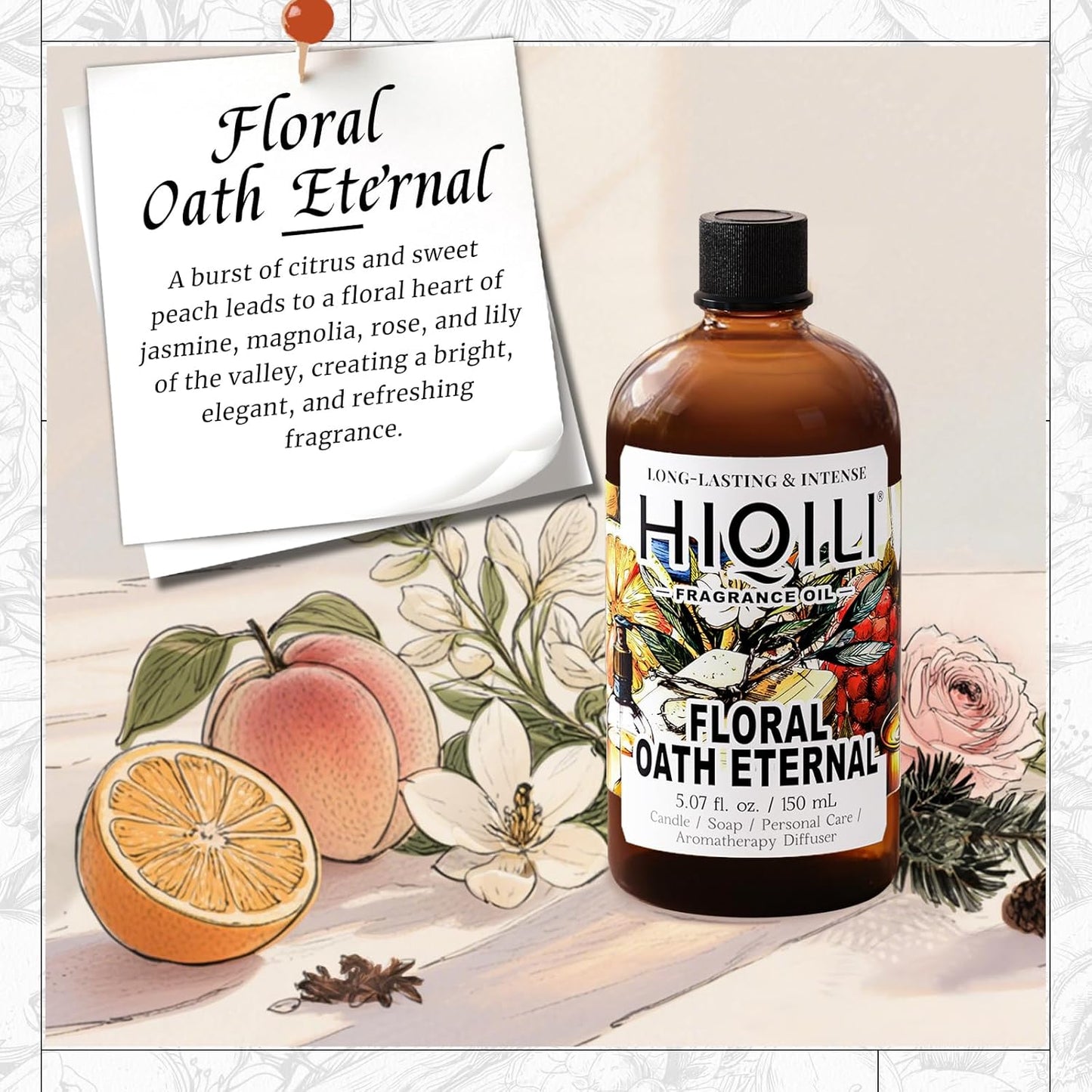 HIQILI Floral Oath Eternal Fragrance Oil, Jasmine & Peach Scents, Perfect for Soap & Candle Making, Essential Oil Diffusers, Skin and Body Scenting - 5.07 Fl Oz-GlimoraGlow
