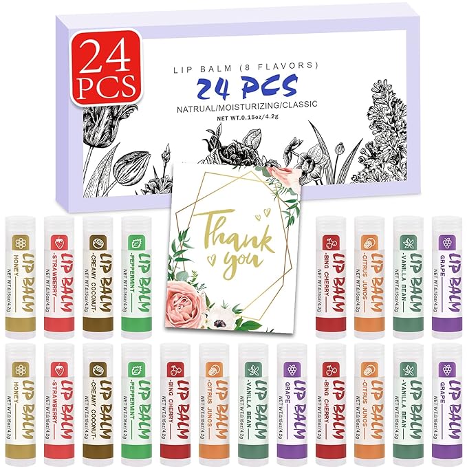 24 Pack Lip Balm, Natural Lip Balm Bulk with Vitamin E and Coconut Oil, Moisturizing Soothing Chapped Lips-8 Flavors-GlimoraGlow