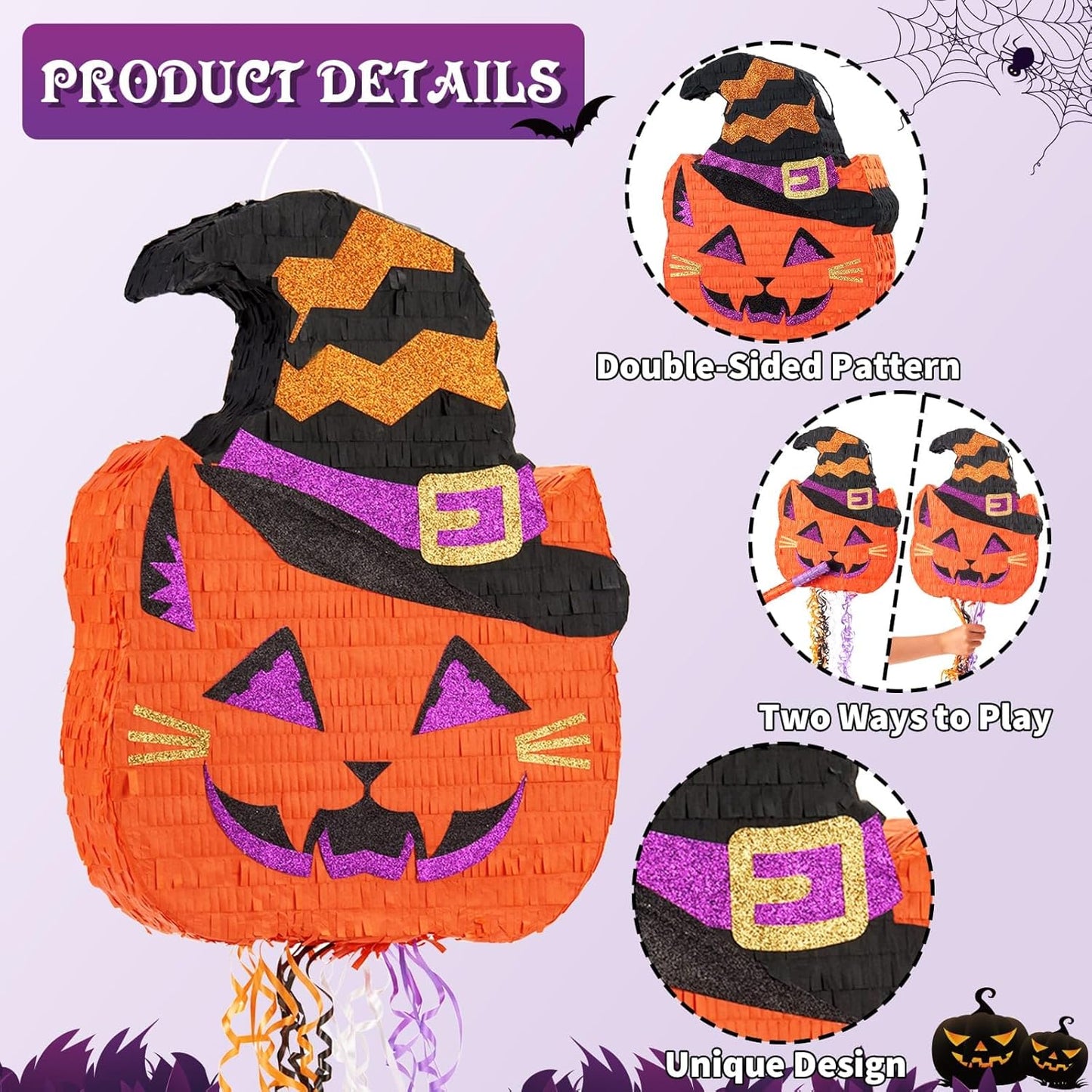 WERNNSAI Halloween Pumpkin Pinata - Halloween Pumpkin Party Decorations Black Cat Party Games for Kids Baby Hallows Eve Supply Jack O Lantern Pumpkin Design with Bat Blindfold