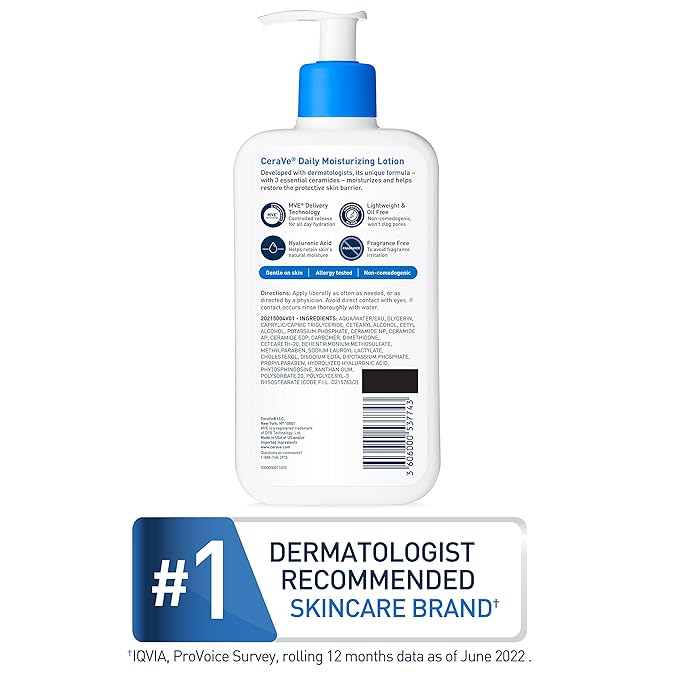 CeraVe Daily Moisturizing Lotion for Dry Skin, Body Lotion & Face Moisturizer with Hyaluronic Acid and Ceramides, Daily Moisturizer, Fragrance Free, Oil-Free, 19 Ounce-GlimoraGlow