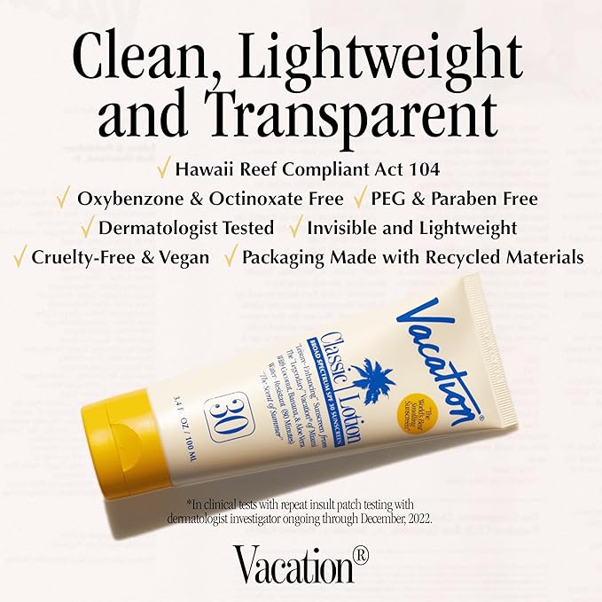 Vacation Classic Sunscreen Lotion SPF 30, Water-Resistant, Lightweight, Transparent on All Skin Tones, Dermatologist-Tested, Vegan, Travel Size, 3.4 Fl. Oz. (Value Pack of 3)-GlimoraGlow