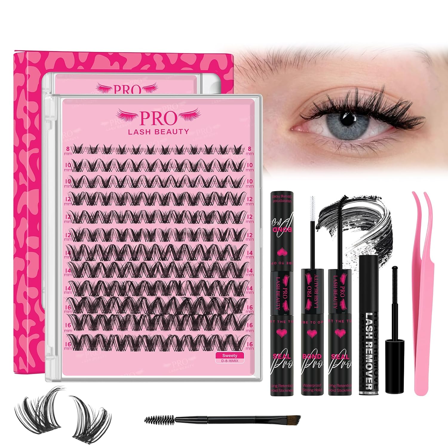PRO LASHBEAUTY Manga Lash Clusters Kit with Lash Bond and Seal Eyelash Applictor Lash Remover DIY Lash Extension Kit for Beginner Waterproof Resuable Eyelash Extensions at Home (Sweety,8-16mix)-GlimoraGlow
