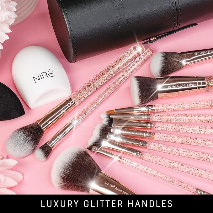 Niré Beauty 15piece Award Winning Glitter Makeup Brushes: Cute Makeup Brushes Set with Case, Beauty Blender, Cleaner, Guide, Gift Box-GlimoraGlow