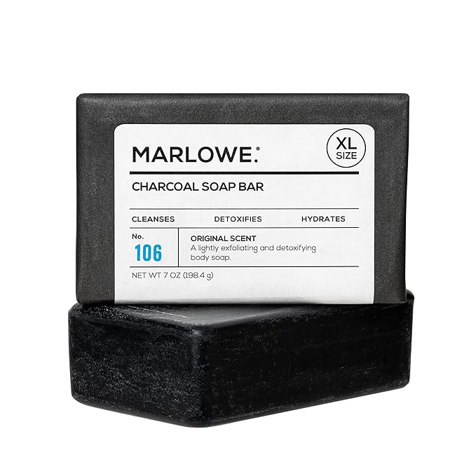 MARLOWE. No. 106 Charcoal Soap 7 oz, Body Bar Soap for Men, Cleansing, Purifying & Hydrating with Natural Extracts, Shea Butter, Olive Oil & Green Tea Extracts, Fresh Woodsy Scent-GlimoraGlow