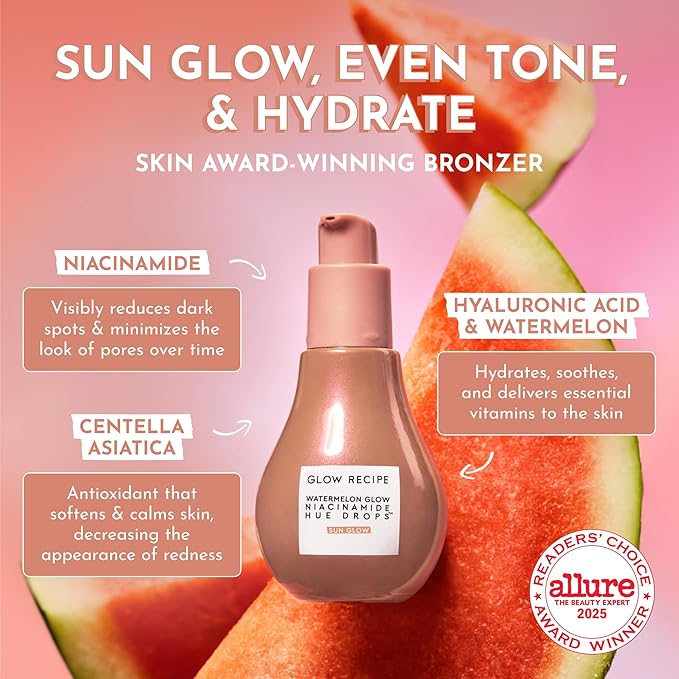 Glow Recipe Hue Drops Tinted Face Serum - Bronzing Drops to Brighten & Hydrate - Skincare Makeup Primer & Liquid Highlighter to Blur Pores for a Radiant, Even Skin Tone - Sunglow (40ml)-GlimoraGlow
