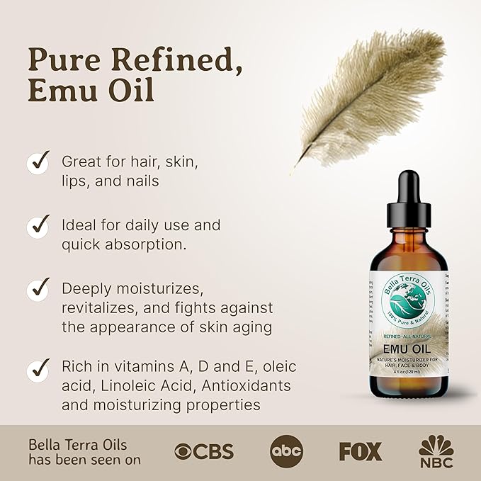 Bella Terra Oils - Emu Oil 4 oz - Genuine Pure Australian Emu, Infused with Linoleic & Oleic Acid, Perfect Companion for Lustrous Skin-GlimoraGlow