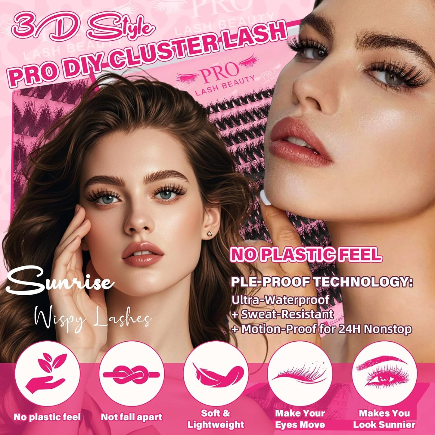 PROLASHBEAUTY Lash Clusters Kit Flora Eyelash Clusters 3D Volume Dramatic Soft Plushy Clusters Lashes Kit with Waterproof Lash Bond and Seal Eyelash Applictor Remover (Sunrise,8-16mix)-GlimoraGlow