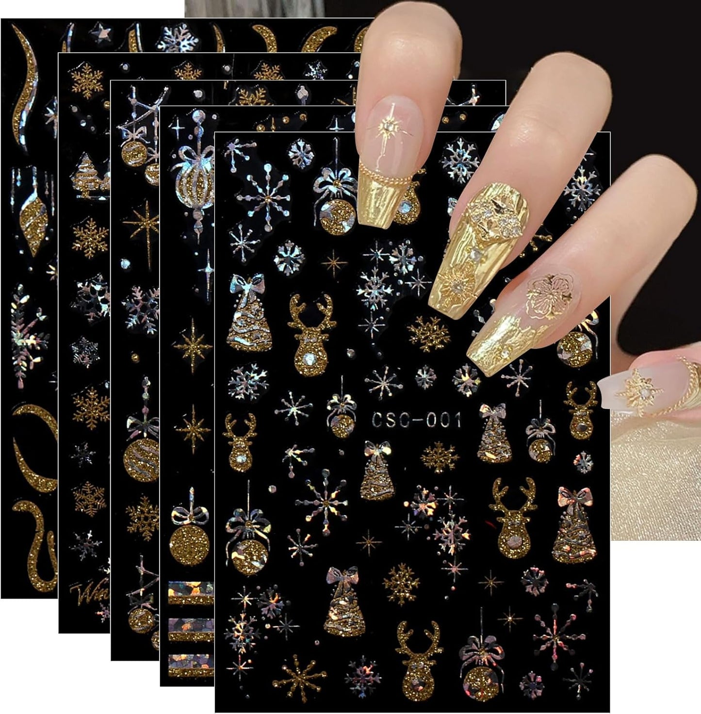 JMEOWIO 8 Sheets Christmas Gold Glitter Silver Nail Art Stickers Decals Self-Adhesive Snowflake Winter Holiday Nail Supplies Nail Art Design Decoration Accessories-GlimoraGlow