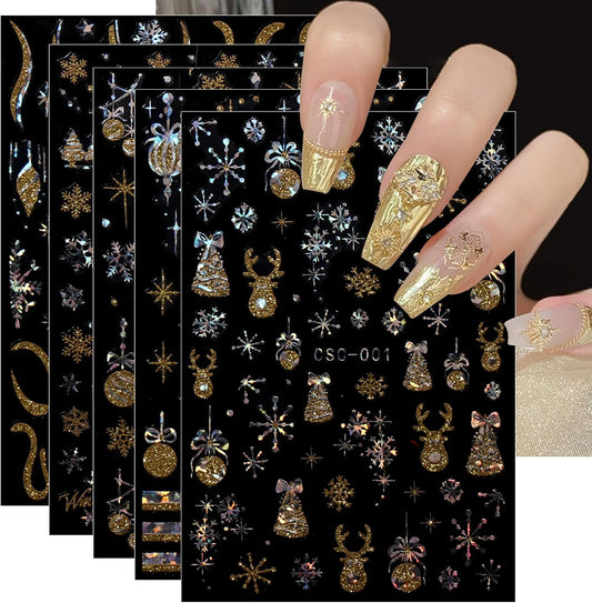 JMEOWIO 8 Sheets Christmas Gold Glitter Silver Nail Art Stickers Decals Self-Adhesive Snowflake Winter Holiday Nail Supplies Nail Art Design Decoration Accessories-GlimoraGlow