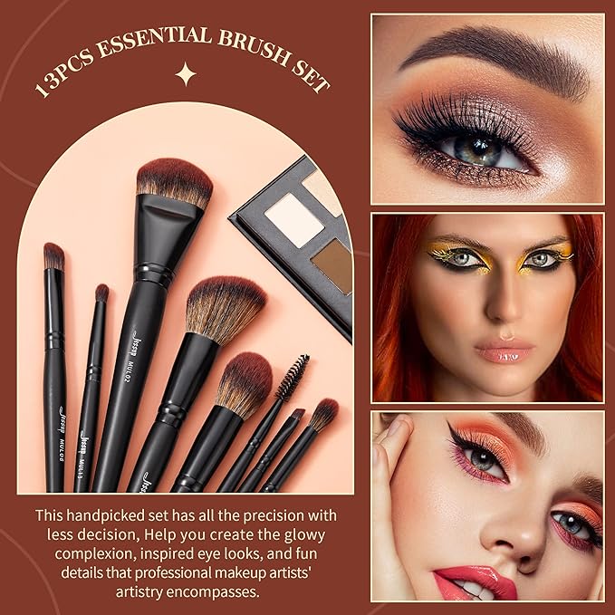 Jessup Full Makeup Brushes Set 13pcs, Professional Vegan Foundation Powder Contour Blush Highlight Eyeshadow Blending Concealer Spoolie EyeLiner Brush, Phantom Black T300-GlimoraGlow