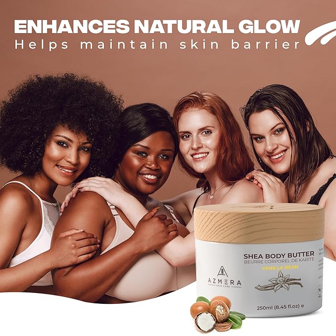 AZMERA Handcrafted Whipped Shea Body Butter – Luxurious Vanilla Bean Scented Moisturizer for Dry, Sensitive Skin, Argan Oil & Vitamin E – Vegan, Non-Greasy Skincare – 8.82 oz-GlimoraGlow