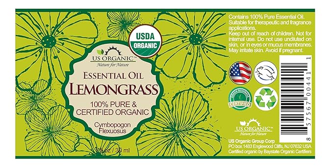 US Organic 100% Pure Lemongrass Essential Oil, USDA Certified Organic, Extracted by Steam Distillation Method, for Hair, Nail Polish Remover, Bees Attraction, and More. 30 ml, Value 2 Pack-GlimoraGlow