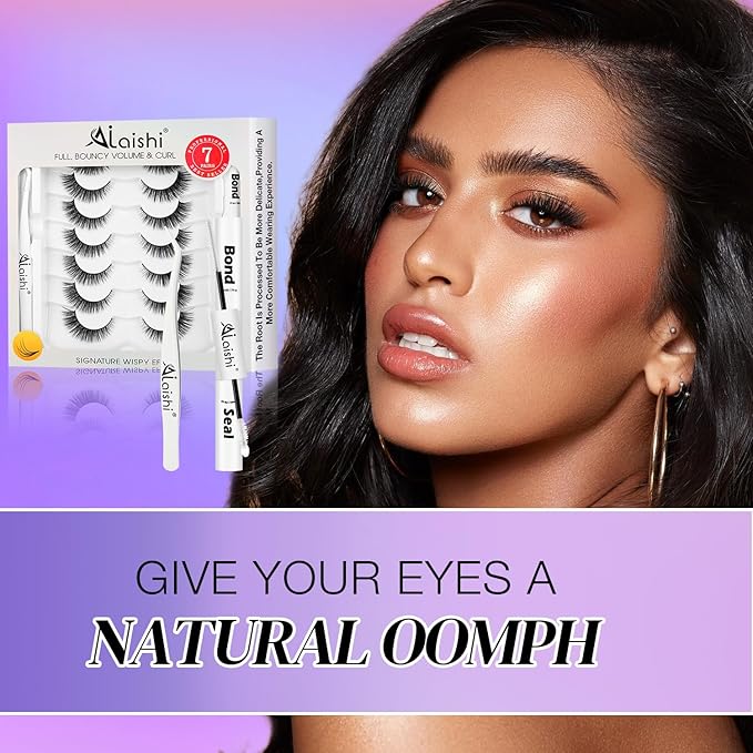 Wispy False Eyelashes Kit With Bond, Seal and Tweezer, 7 Pairs Natural Look Fake Cat Eye Lashes Strips Thin Band Extensions Waterproof Easy Eyelashes for Beginners RQ45-GlimoraGlow