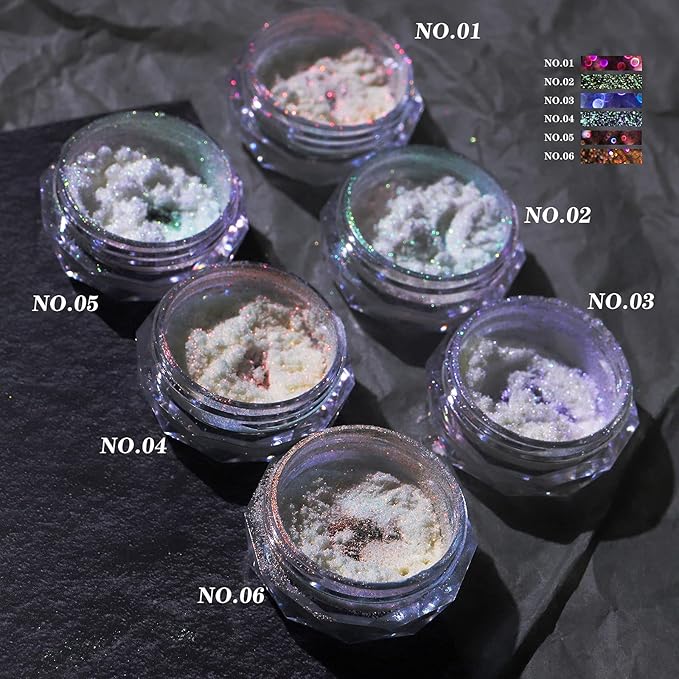 Ice Transparent Aurora Nail Powder Neon Rainbow Holographic Chameleon Powder Multi Chrome Iridescent Pigment Pearlescent Nail Art Glitters (6 Boxes Transparent)-GlimoraGlow