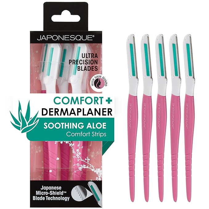 Japonesque Dermaplaner with Soothing Aloe Comfort Strip - Facial Dermaplane Razor, Skin Tool with Ultra Precision Blade for Facial Hair Removal and Exfoliation, 5pk-GlimoraGlow