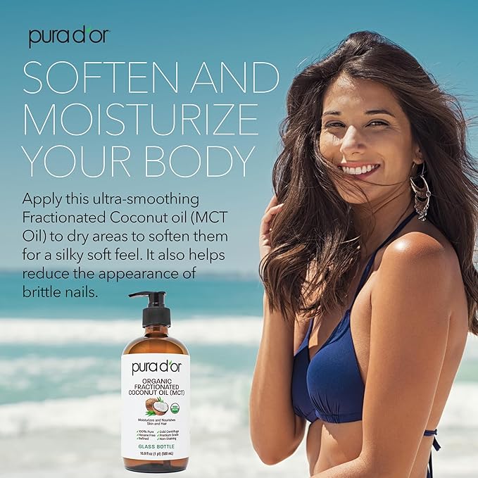 PURA D'OR 16.9 Oz ORGANIC Fractionated Coconut Oil MCT Oil (GLASS BOTTLE) 100% Pure & Natural USDA Certified Cold Pressed - Unscented, Hexane Free Moisturizer For Face, Skin & Hair Tonic - Men & Women-GlimoraGlow