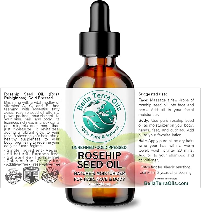 Bella Terra Oils - Organic Rosehip Seed Oil 2 oz - Cold-Pressed Elixir, Rich in Vitamin A, C, & E, Linoleic & Alpha-Linolenic Acid, Perfect Facial Emollient-GlimoraGlow