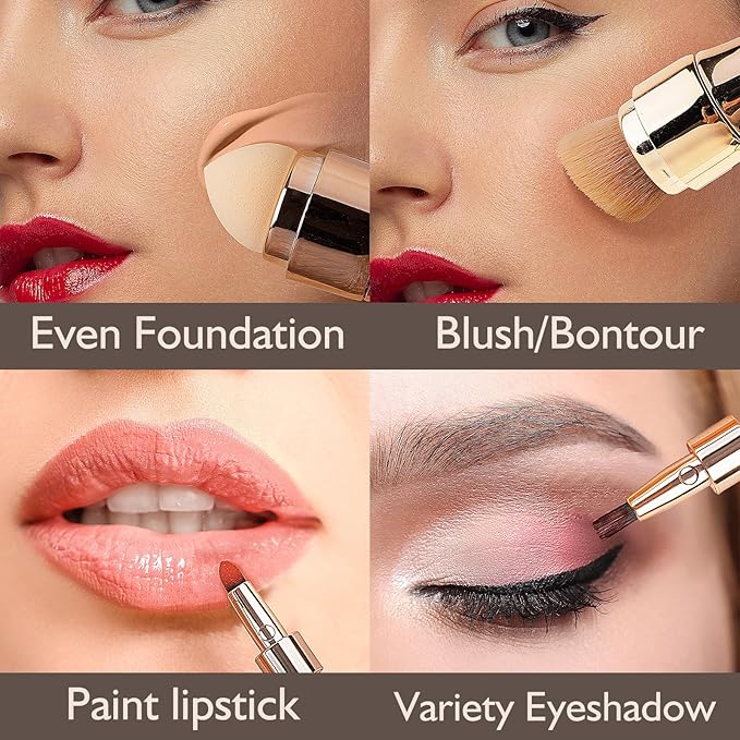 kullder 4 in 1 Makeup Brush Travel Makeup Brushes Blend Sponge, Eyebrow, Eyeshadow & Blush Brushes for Foundation Concealer Double Ended Makeup Brush with Powder Puff Women Ideal Gifts-GlimoraGlow