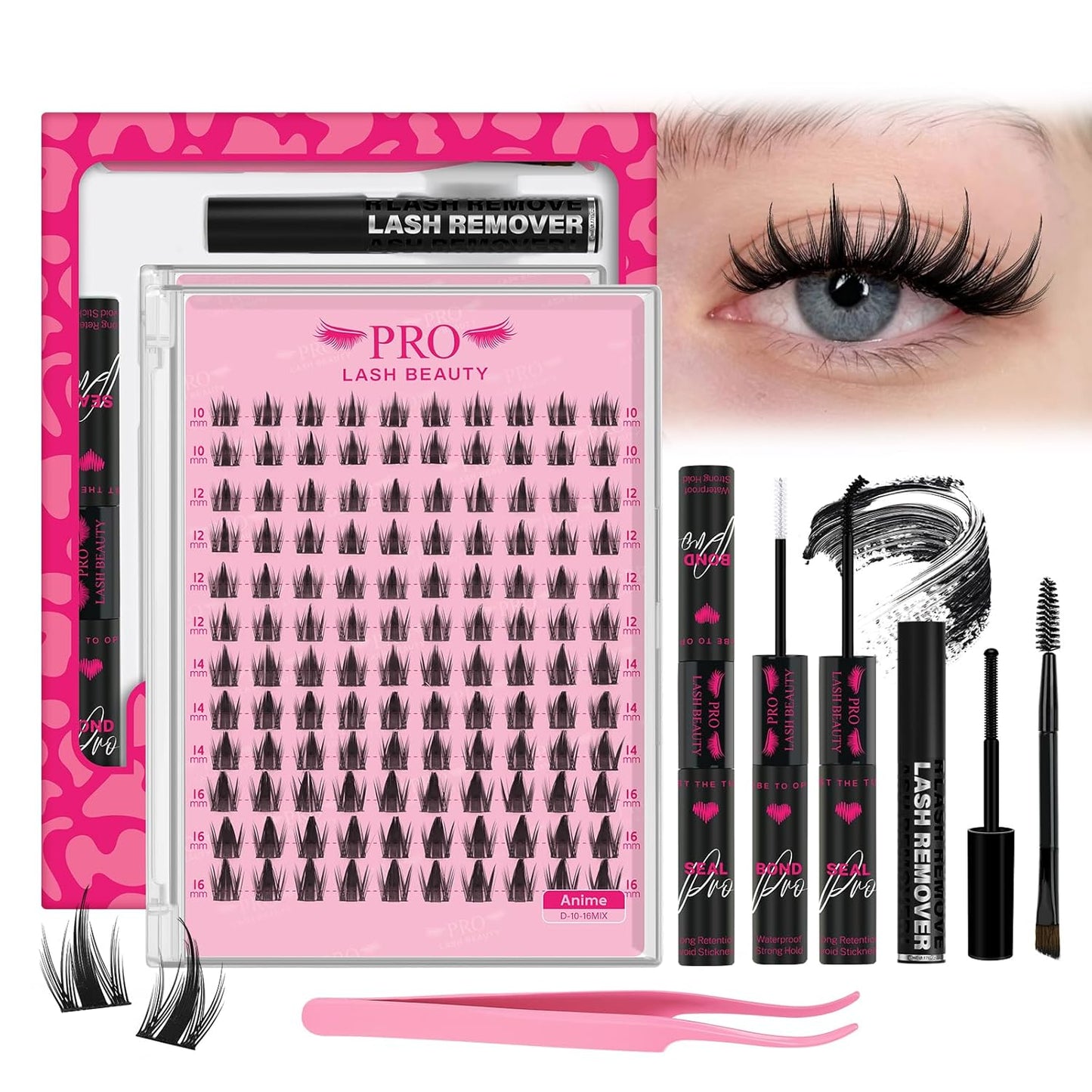 PROLASHBEAUTY Manga Lash Clusters Kit Anime Lash Clusters Volume Fairy Ultra-Thin Band Spike Lashes with Lash Bond and Seal Applictor Remover (Anime,10-16mix)-GlimoraGlow