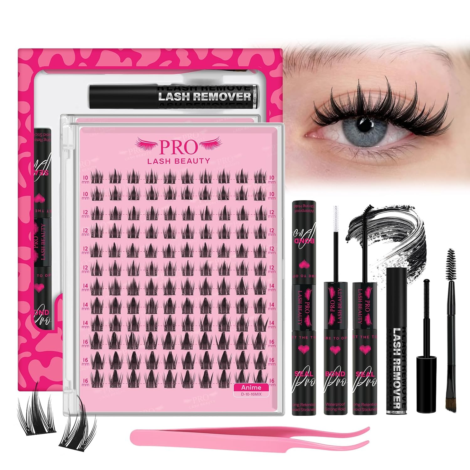 PROLASHBEAUTY Manga Lash Clusters Kit Anime Lash Clusters Volume Fairy Ultra-Thin Band Spike Lashes with Lash Bond and Seal Applictor Remover (Anime,10-16mix)-GlimoraGlow