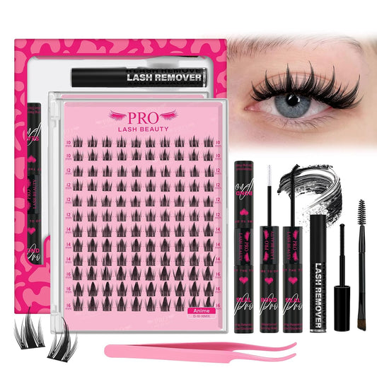 PROLASHBEAUTY Manga Lash Clusters Kit Anime Lash Clusters Volume Fairy Ultra-Thin Band Spike Lashes with Lash Bond and Seal Applictor Remover (Anime,10-16mix)-GlimoraGlow