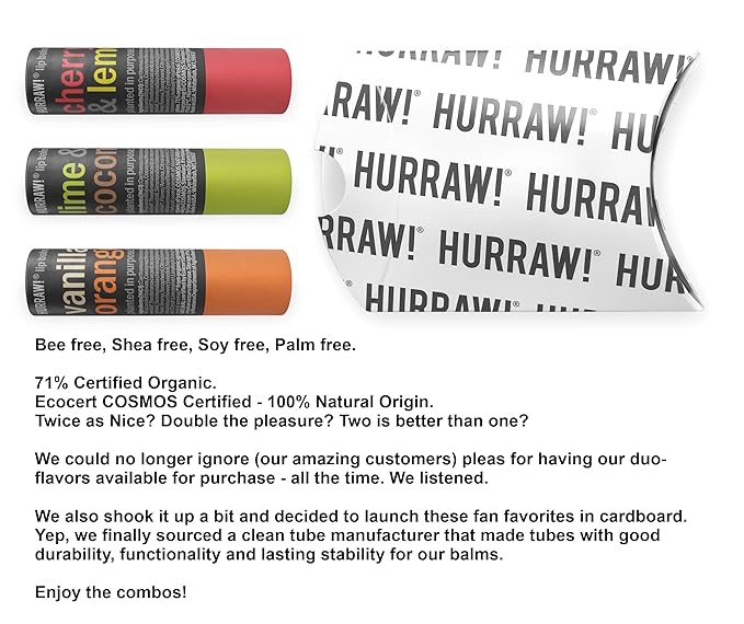 Hurraw! Cherry Lemon, Lime Coconut, and Vanilla Orange Lip Balm 3 Pack Bundle: Plastic-Free with new cardboard push-up tube. Certified Organic, Natural & Vegan. Bee, Shea, Soy & Palm Free. Made in USA-GlimoraGlow