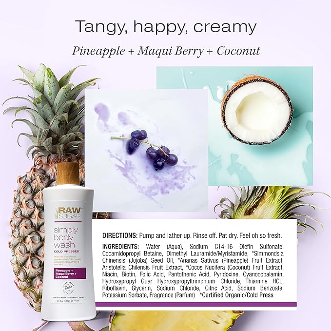 RAW SUGAR Simply Body Wash - Pineapple + Maqui Berry + Coconut, Moisturizing & Brightening Bath & Shower Gel, Sulfate-Free, Paraben-Free & Vegan (Pack of 3)-GlimoraGlow
