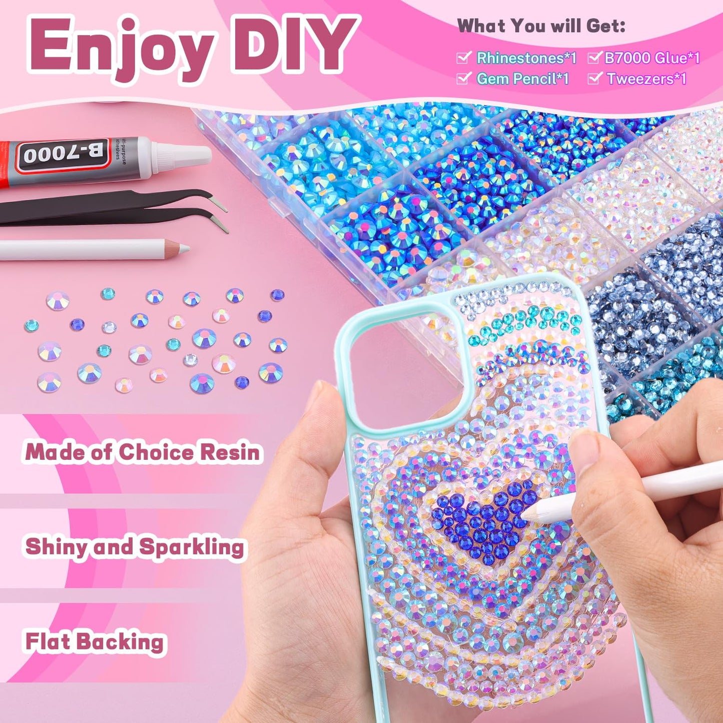 20000Pcs Blue Rhinestones for Bedazzling with 1Pcs B7000 Jewelry Glue, Resin Rhinestones for Crafting Crafts DIY, Bedazzler Kit Gems for Clothing Shoes Tumblers Nail Art Assorted Size 3/4/5/6mm-GlimoraGlow