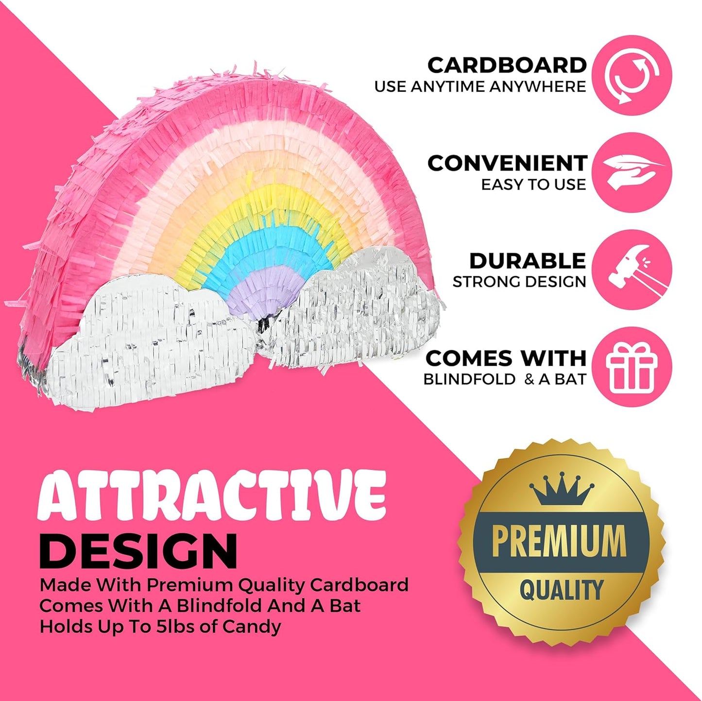 Rainbow Pinatas Bundle with a Blindfold and Bat (16.5x8.5x3.5 Inches), Rainbow Pinatas for Girls Birthday Parties Girl, Perfect for Unicorn Party, Theme Party, Decoration