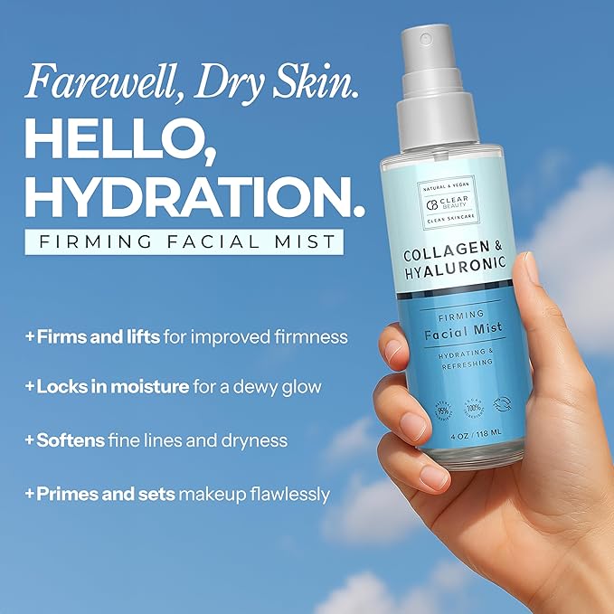 Hyaluronic Acid & Collagen Face Mist - Dermatologist Tested, Moisturizes & Tones Skin, Anti-Aging, Natural Ingredients, Cruelty-Free, 95% Natural - All Skin Types - 4 OZ-GlimoraGlow