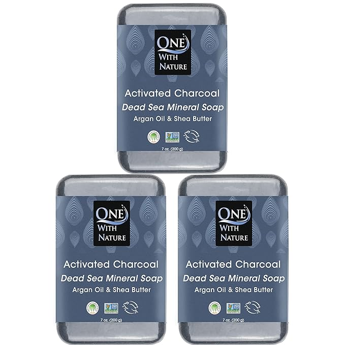 One With Nature Activated Charcoal Soap 7oz 3-Pack – Detoxifying and Exfoliating Charcoal Soap Bar with Dead Sea Salt for Face & Body, for Men & Women-GlimoraGlow