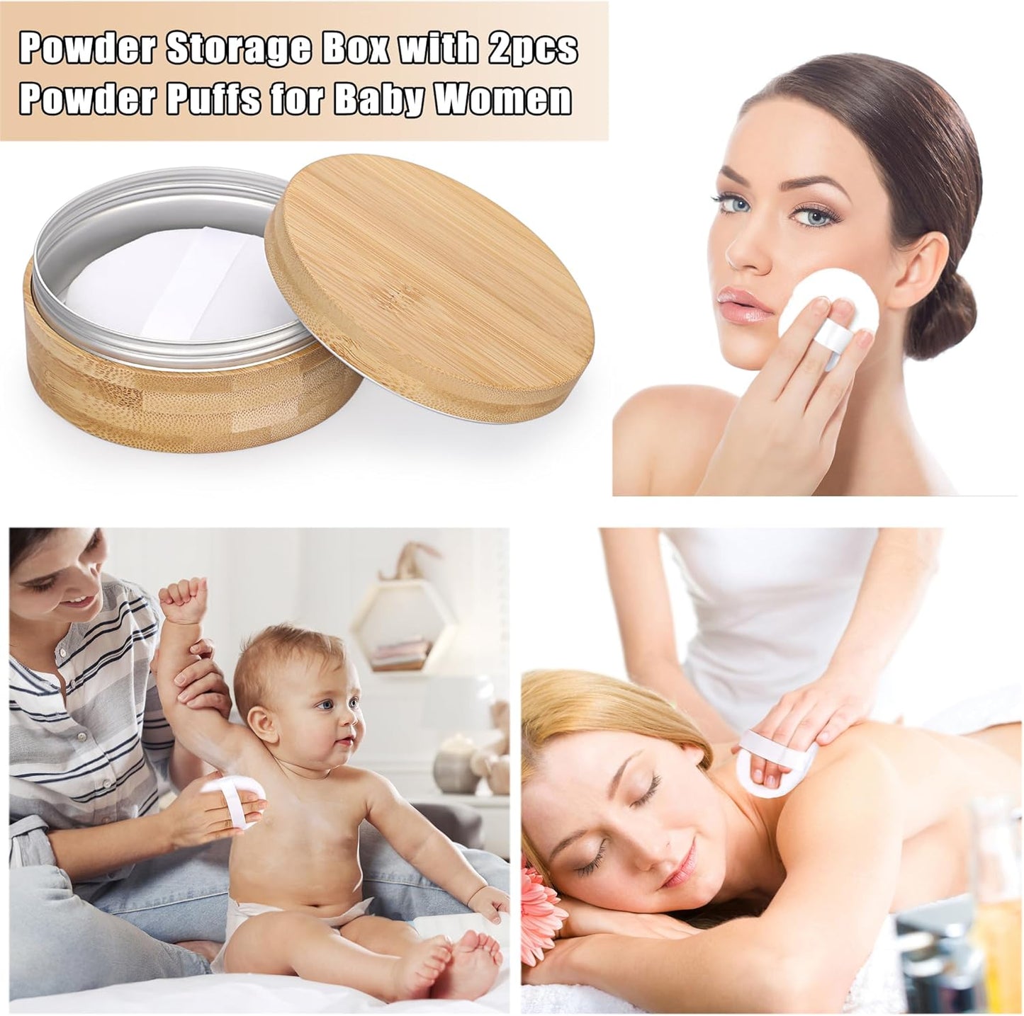 ELLDOO Body Powder Puff and Container, 10oz Empty Bamboo Case with Aluminum Inner Jar, Travel Loose Dusting Powder Storage Box with 2pcs Powder Puffs for Baby Women-GlimoraGlow