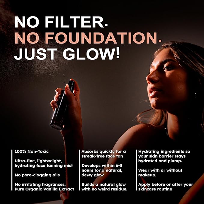 Face Tanning Mist, Organic Ingredients, Sunless Self Tanner, Bronzing, Hydrating, Steak-Free, Long Lasting Glow-GlimoraGlow