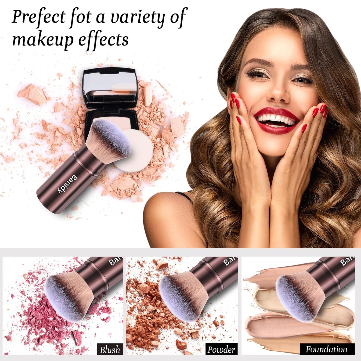 Makeup Brush Kabuki Face Brushes Retractable Travel Blush Brush Portable Flawless for Foundation, Powder Blush, Bronzer, Buffing, Liquid, Cream, Cruelty Free with Cover(Round-Head)-GlimoraGlow