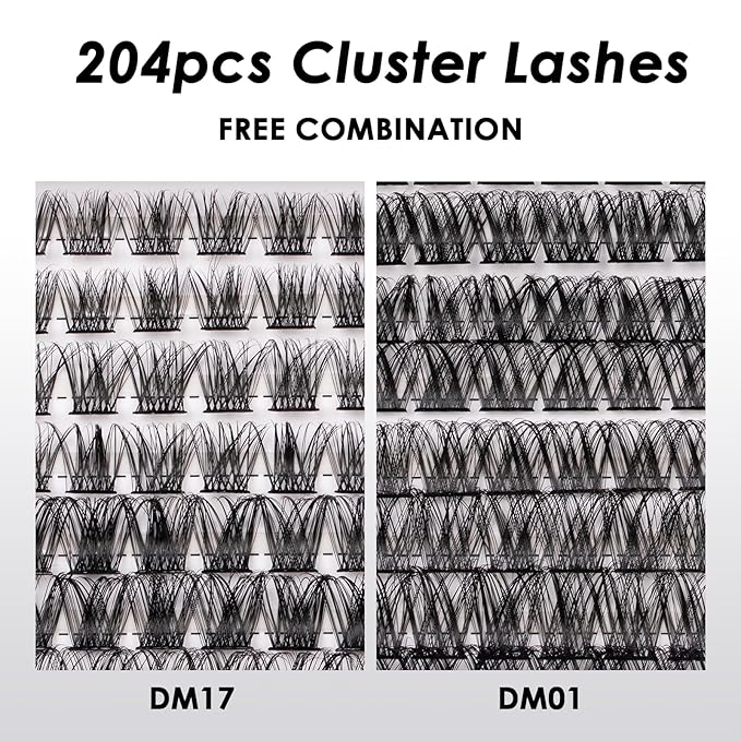 Lash Clusters 204 Pcs Individual Lashes Clusters Eyelash Extensions False Eyelashes DIY Lash Extension Kit Reusable False Eyelashes Natural Look Mix 10-16mm C D Curl(DM01+DM17)-GlimoraGlow