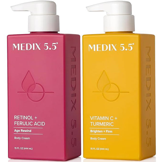Medix 5.5 Retinol Body Cream + Vitamin C Lotion Anti Aging Moisturizer Skincare Set, Retinol Lotion Targets Wrinkles, Sagging Skin, Crepey Skin, Vitamin C Cream Brightens & Hydrates Dry Skin, Bundle-GlimoraGlow