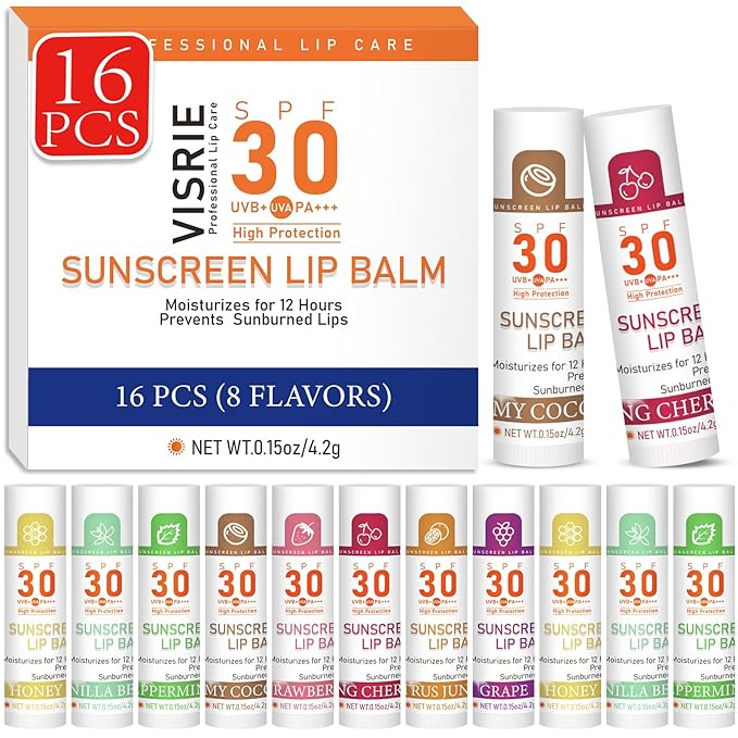 SPF 30 Lip Balm with Sunscreen, SPF Lip Balm Bulk Travel Size-16 Pack, Hydrating Lip Balm Pack with Vitamin E and Coconut Oil- 8 Flavors-GlimoraGlow
