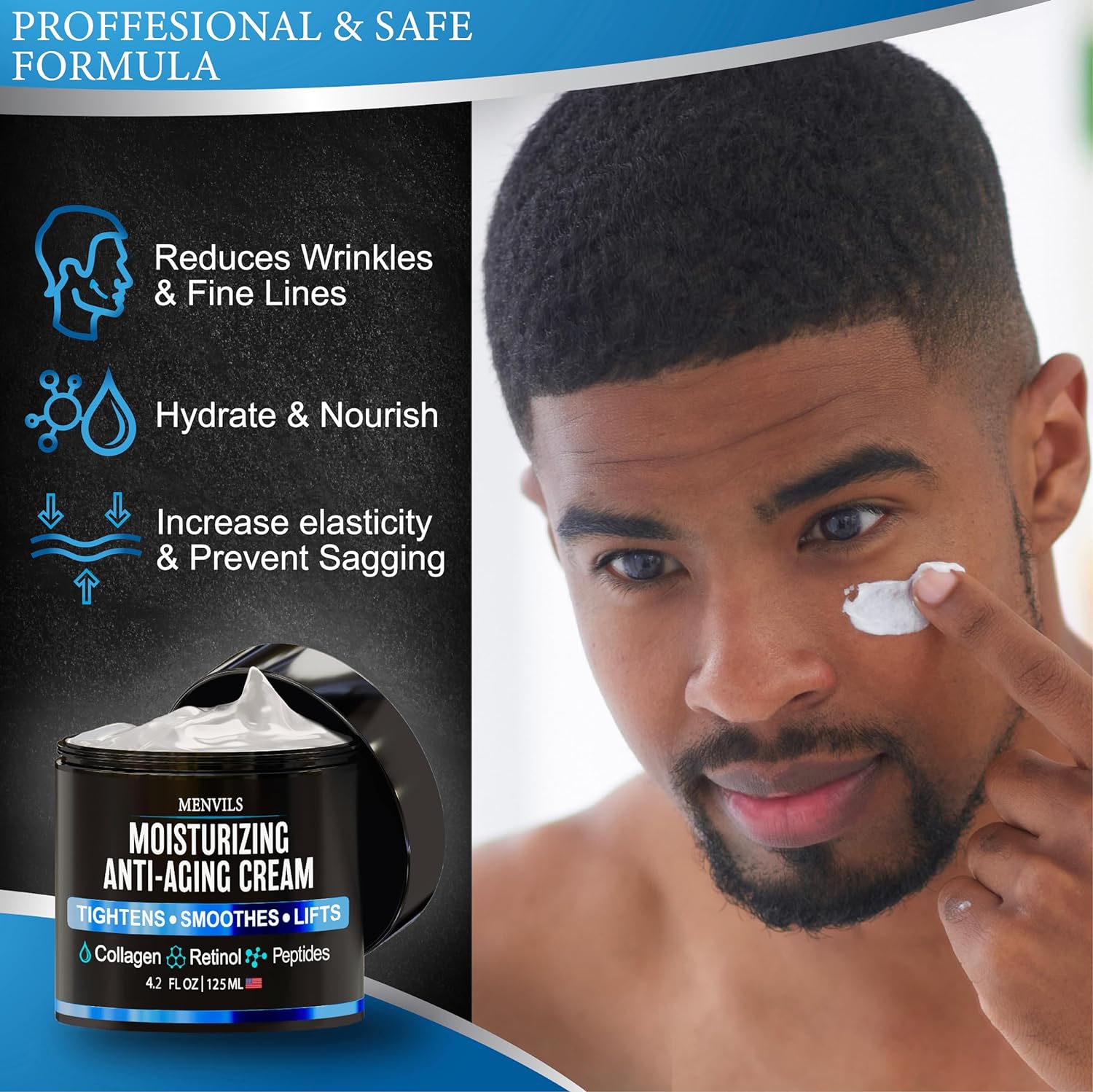 Mens Face Moisturizer Cream - Anti Aging & Wrinkle Cream - Face Moisturizer For Men with Collagen, Retinol, Peptides, Jojoba Oil - Facial Skin Care & Eye Lotion - Day & Night - 4.2 OZ-GlimoraGlow