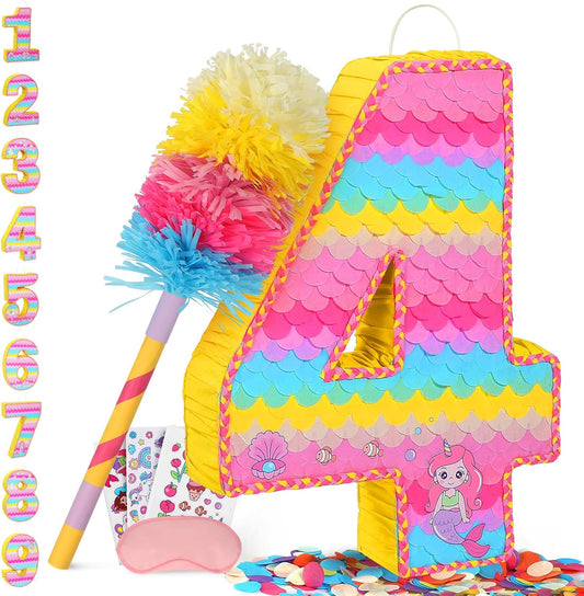 Number 4 Pinata for Birthday Party Decorations, Unicorn Mermaid Theme Pink Piñata Games Toy (4th)