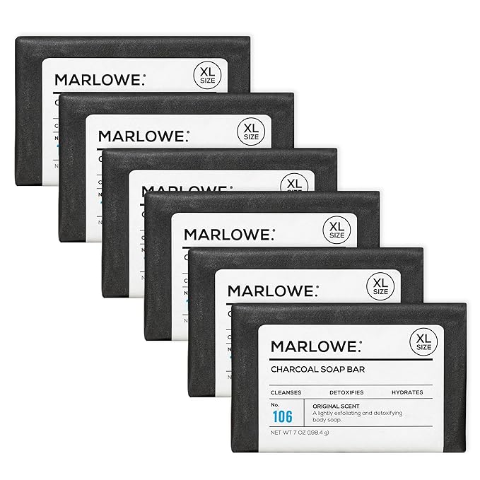 MARLOWE. No. 106 Charcoal Soap 7 oz (6 Bars) Body Bar Soap for Men, Cleansing, Purifying & Hydrating with Natural Extracts, Shea Butter, Olive Oil & Green Tea Extracts, Fresh Woodsy Scent-GlimoraGlow