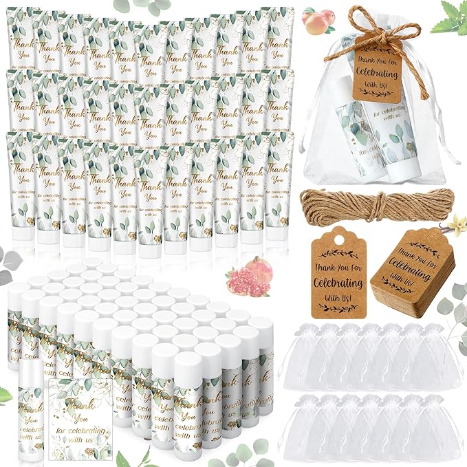 200 Pcs Baby Shower Wedding Party Favors Gift Set, 50 Pcs Baby Shower Hand Cream and 50 Lip Balm for Wedding Bridesmaid Guests Gift Supplies with 50 Organza Bag 50 Thank You Tag(Eucalyptus)-GlimoraGlow